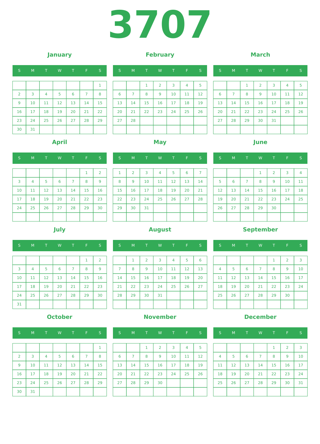 Printable 3707 Year Calendars green