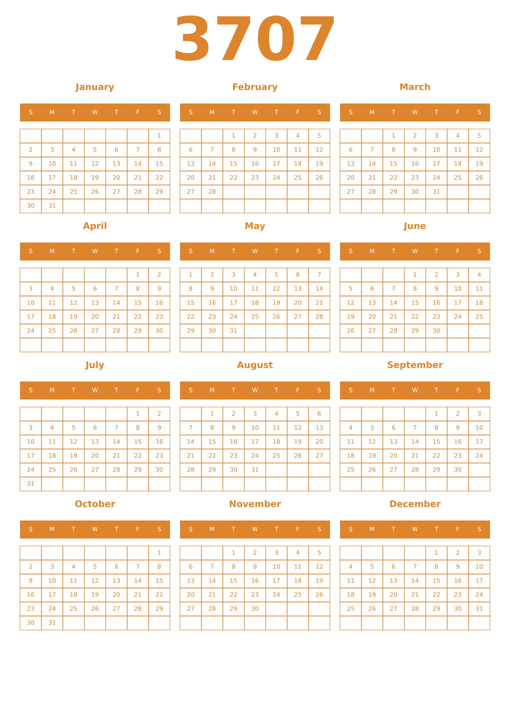Printable 3707 Year Calendars orange