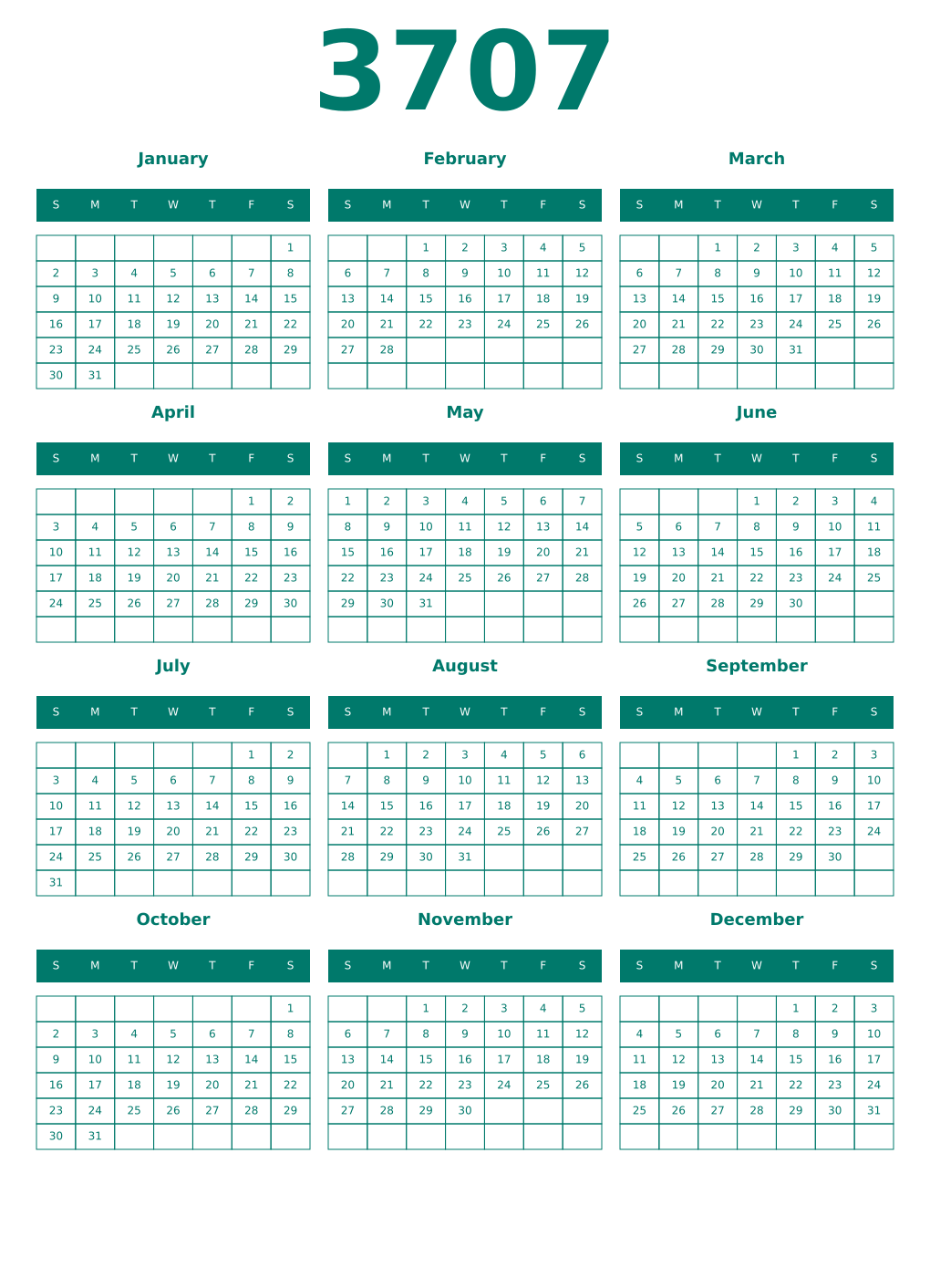 Printable 3707 Year Calendars pastel