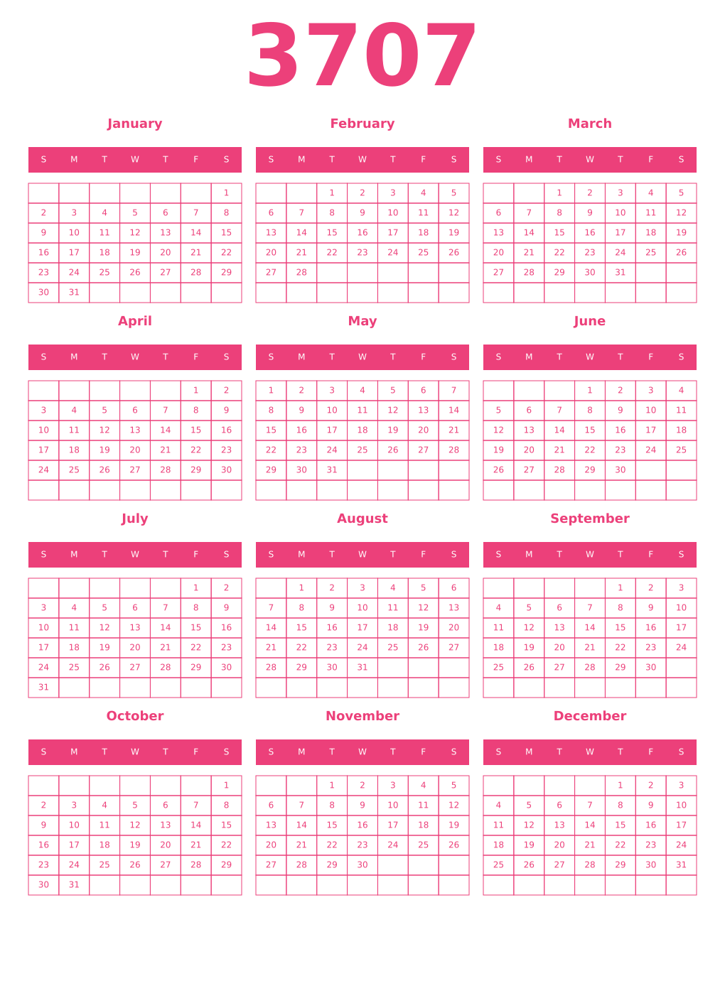 Printable 3707 Year Calendars pink