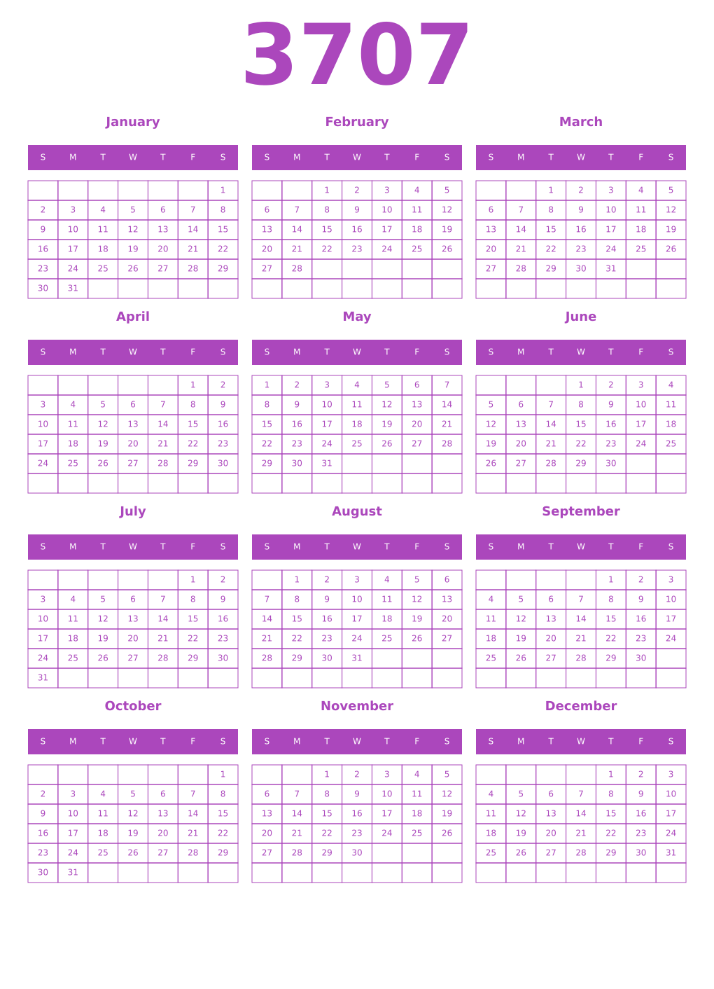 Printable 3707 Year Calendars purple