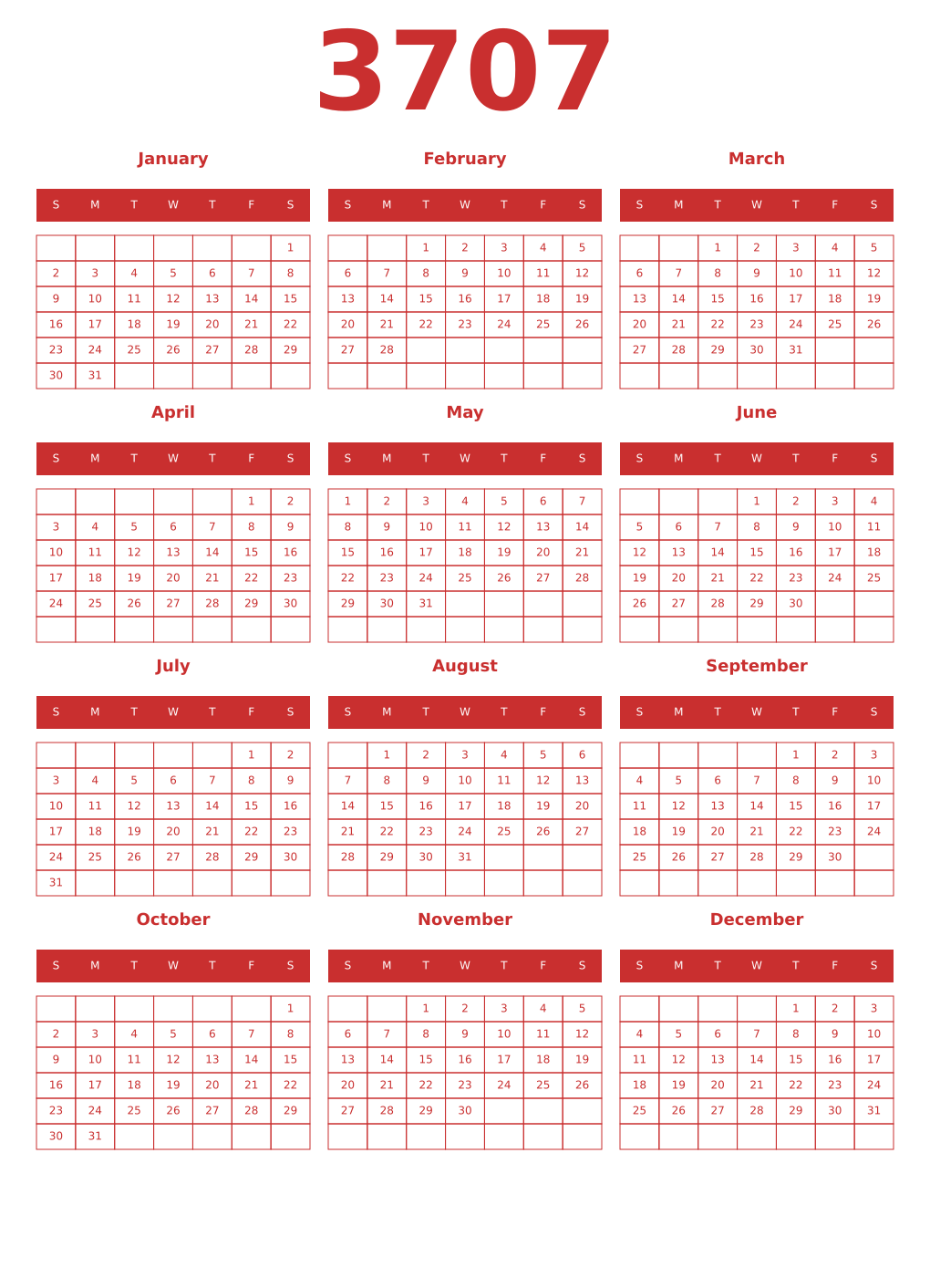Printable 3707 Year Calendars red