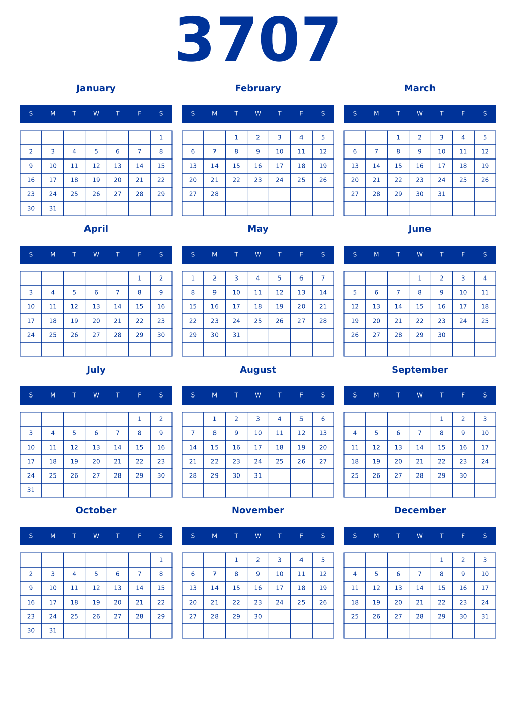 Printable 3707 Year Calendars smalt