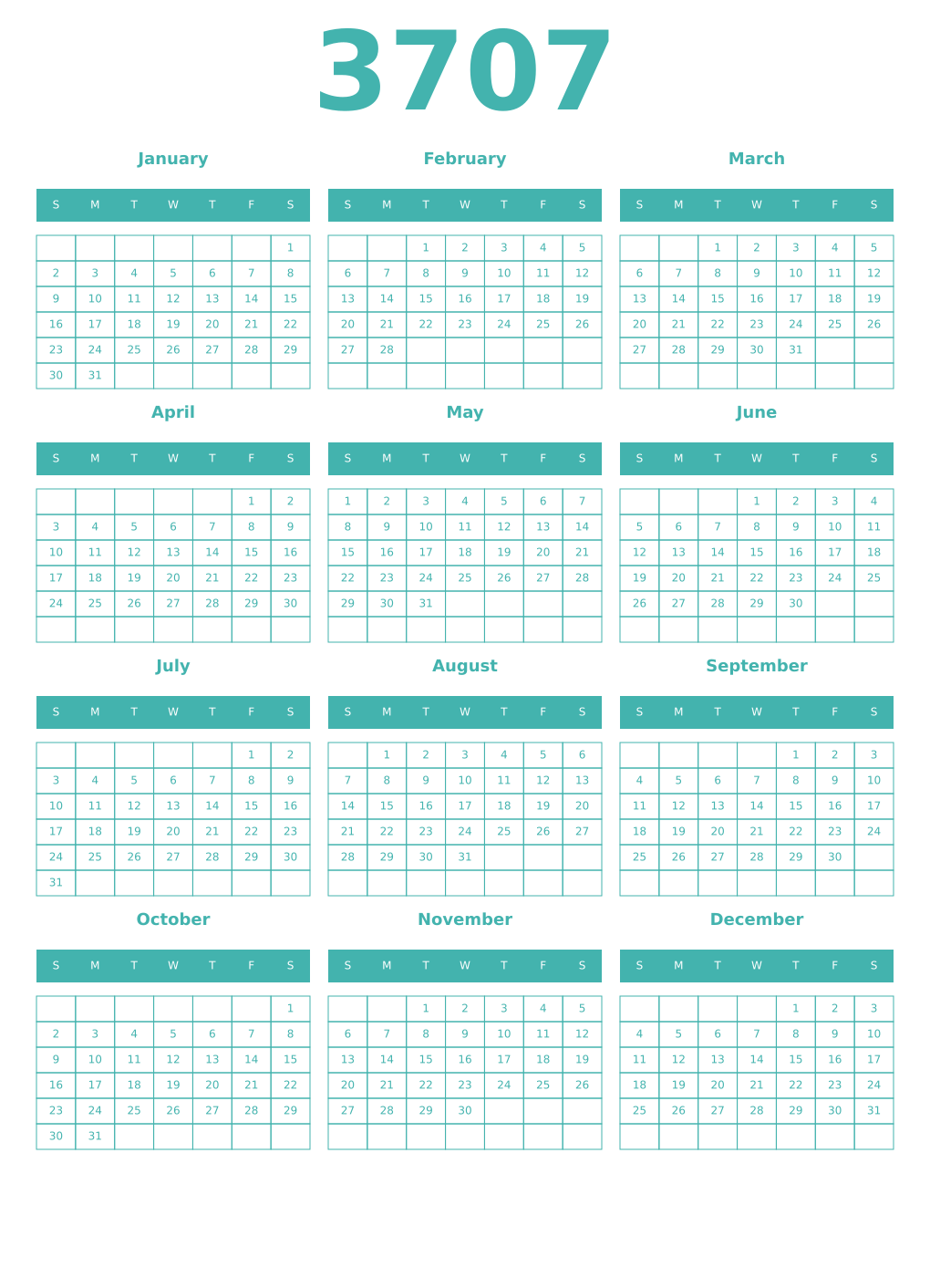 Printable 3707 Year Calendars verdigris