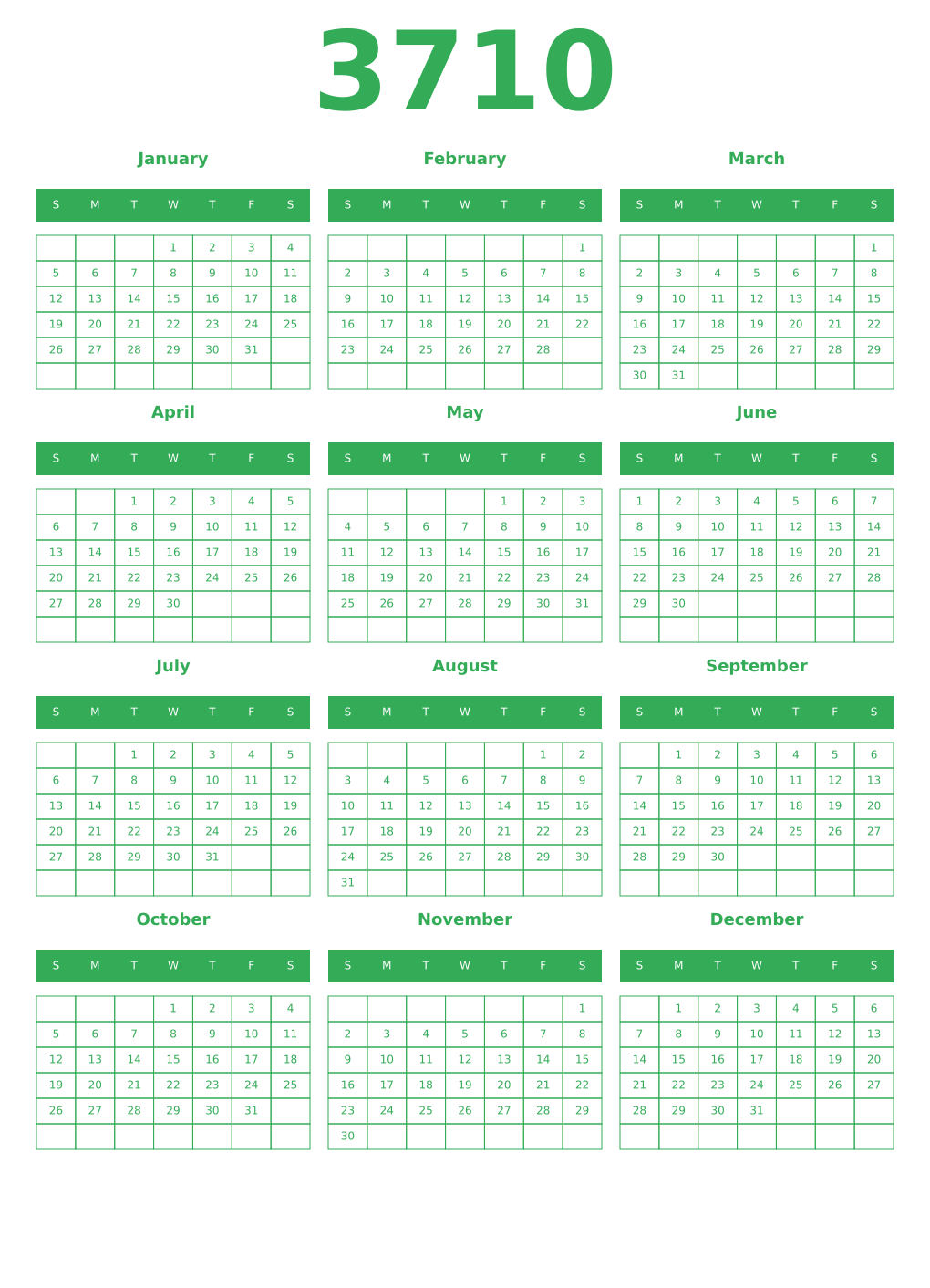 Printable 3710 Year Calendars green