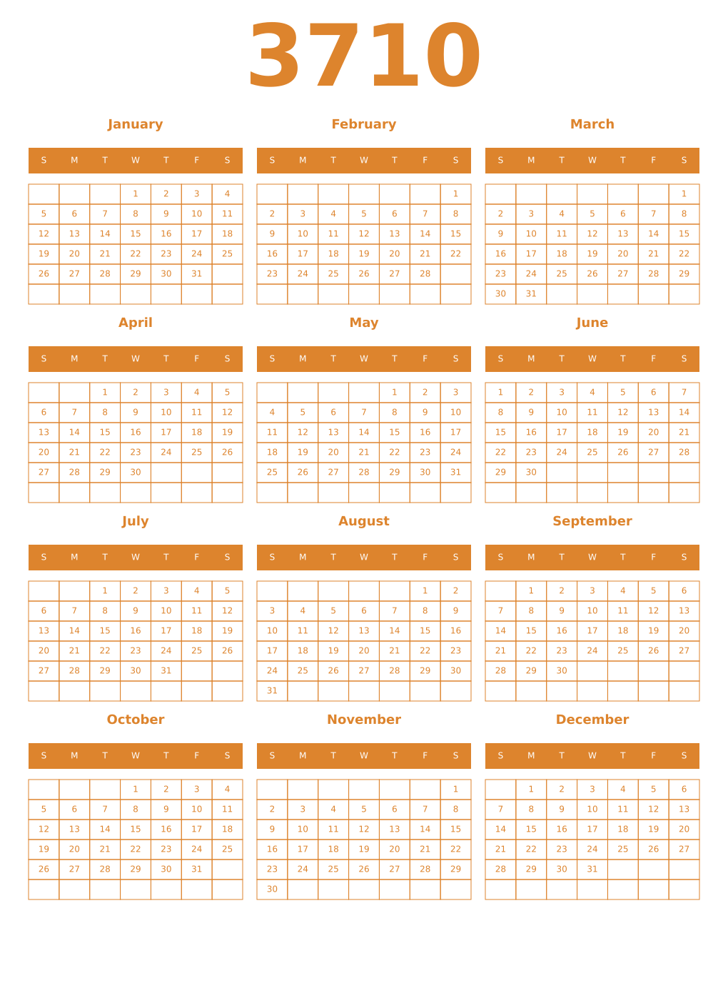 Printable 3710 Year Calendars orange