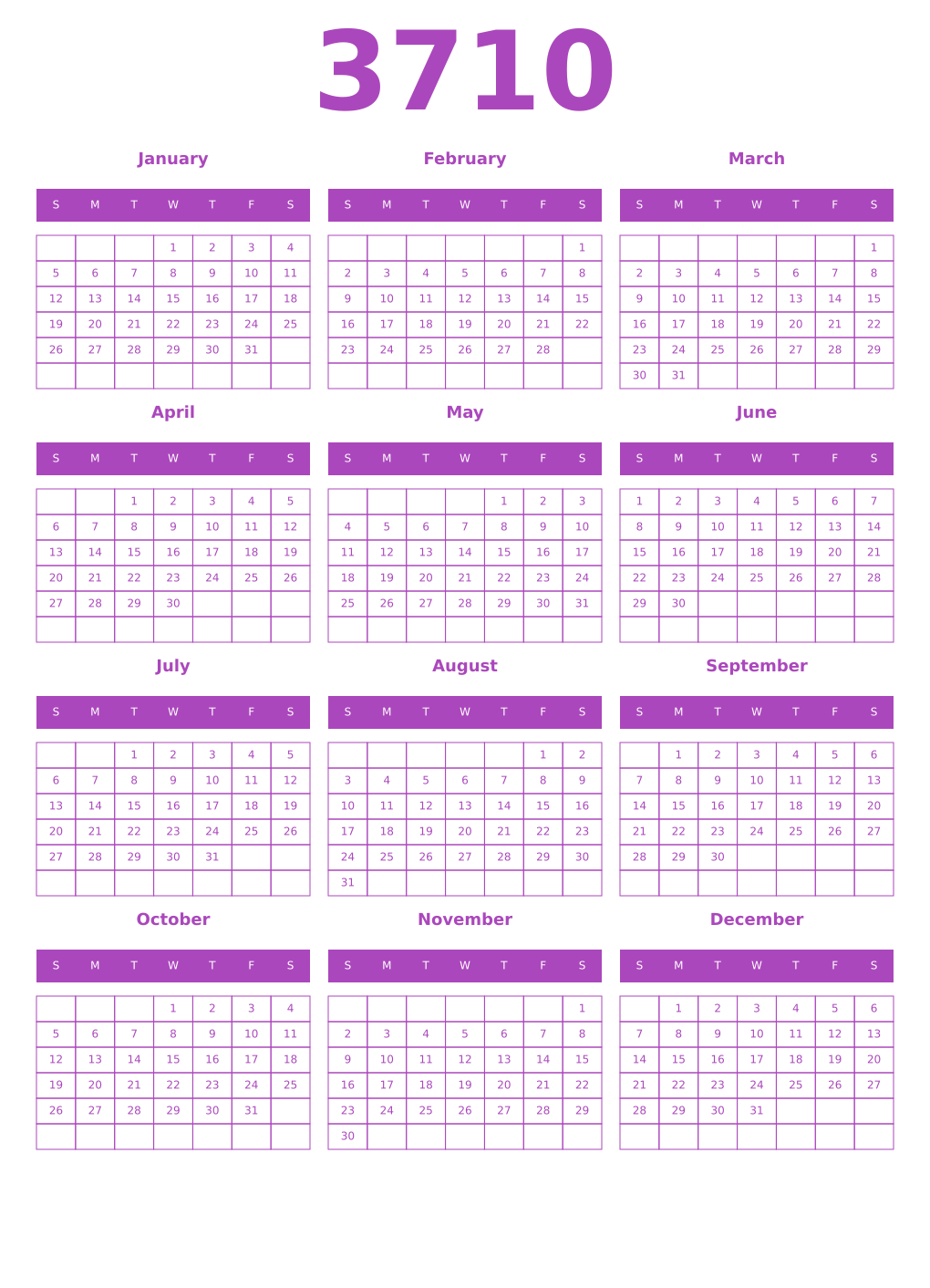 Printable 3710 Year Calendars purple
