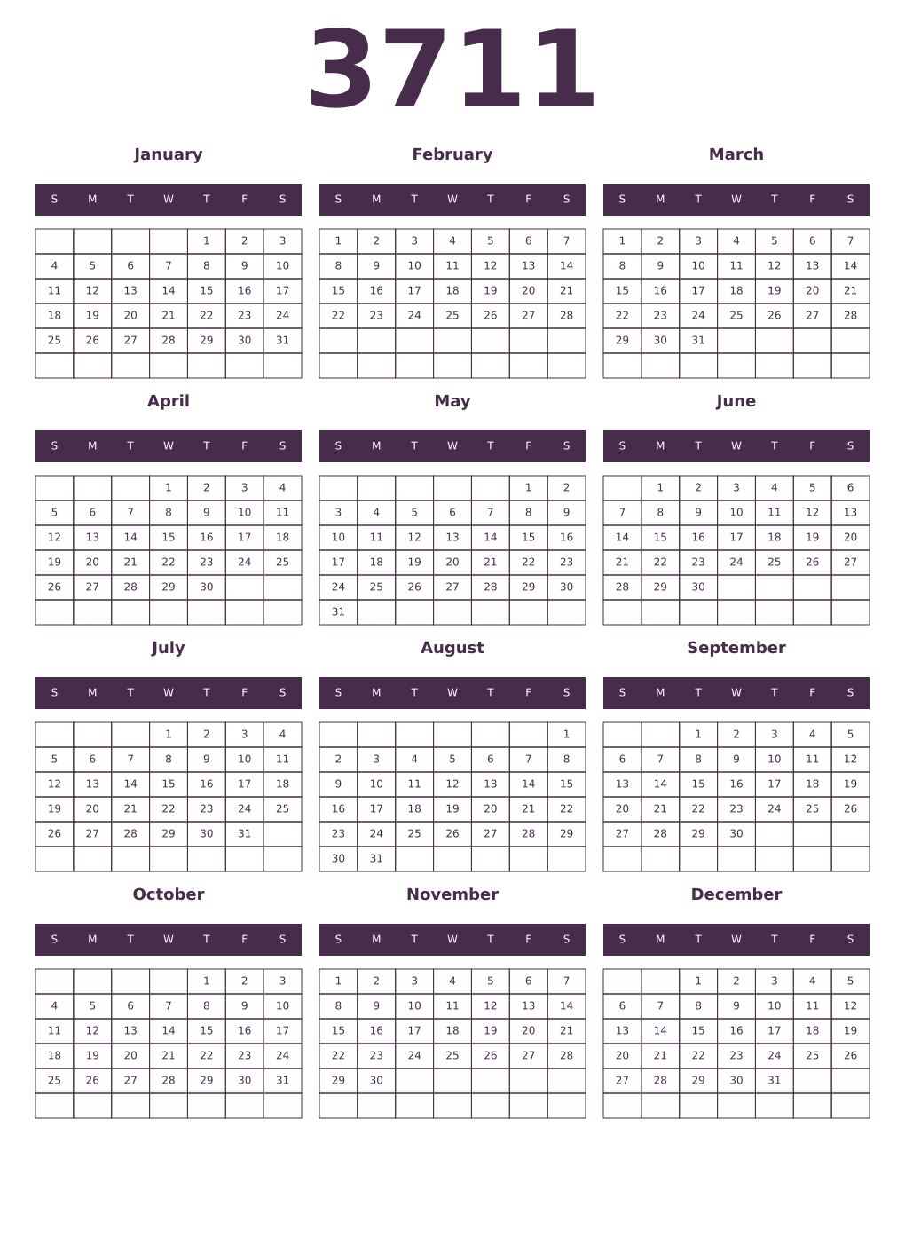Printable 3711 Year Calendars aubergine