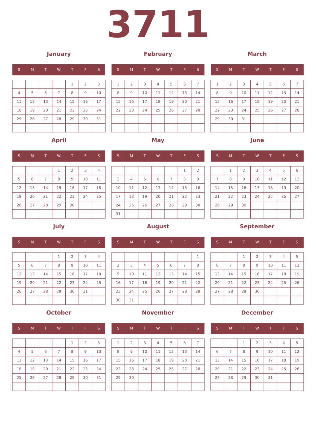 Printable 3711 Year Calendars cordovan