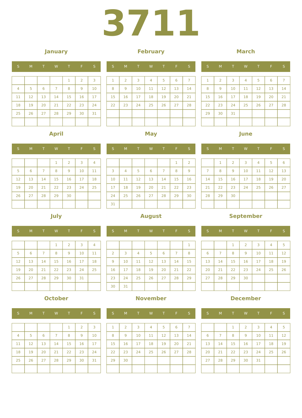 Printable 3711 Year Calendars eburnean