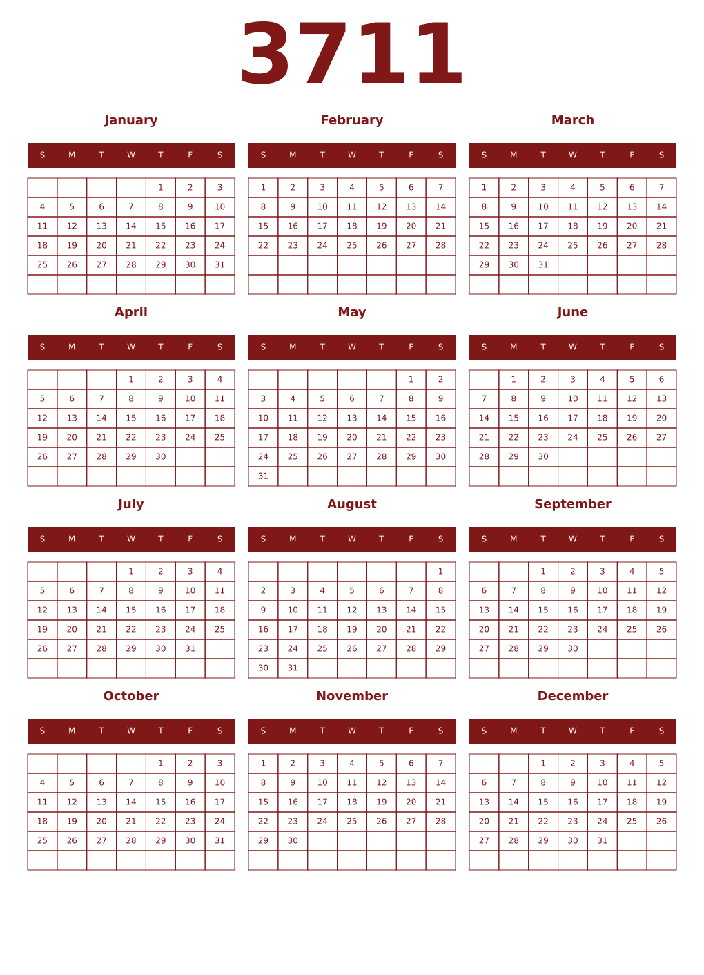 Printable 3711 Year Calendars falu