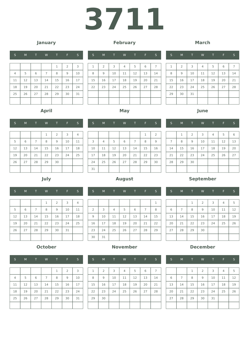 Printable 3711 Year Calendars feldgrau