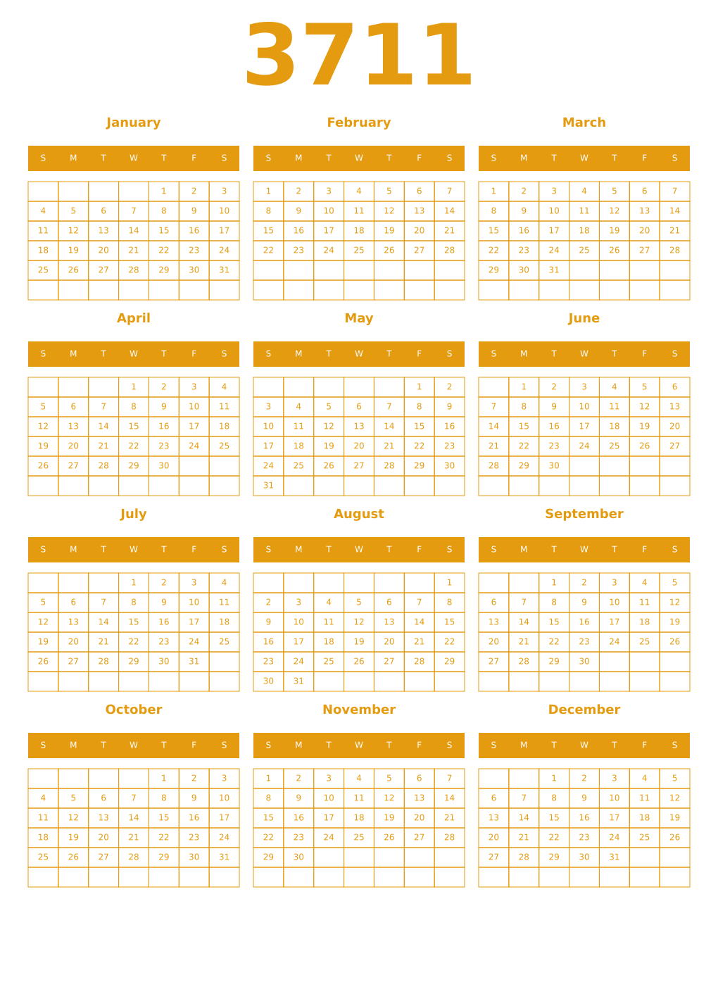 Printable 3711 Year Calendars gamboge