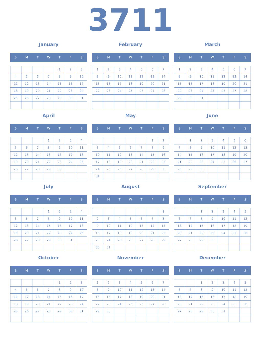 Printable 3711 Year Calendars glaucous