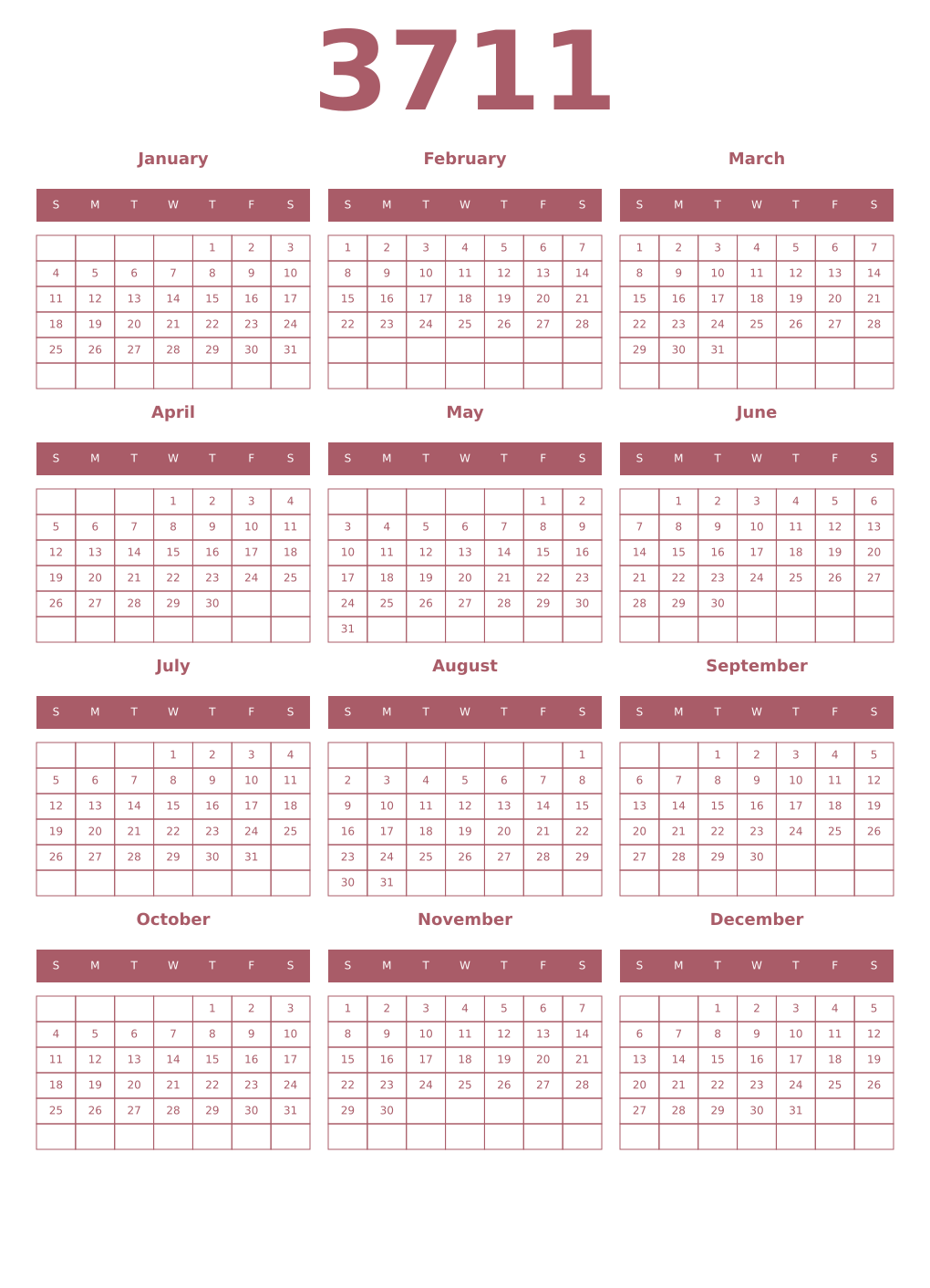 Printable 3711 Year Calendars puce