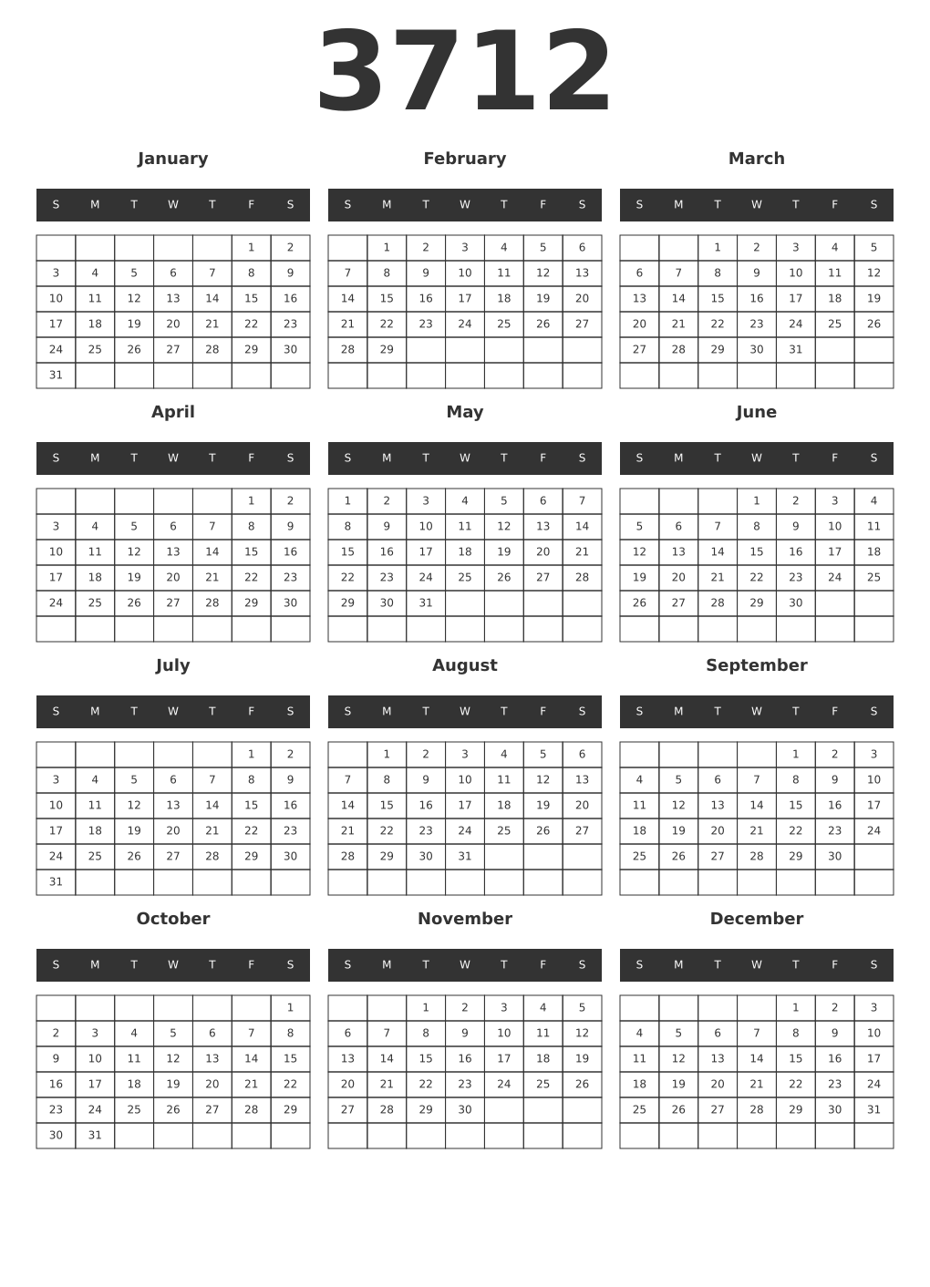 Printable 3712 Year Calendars dark