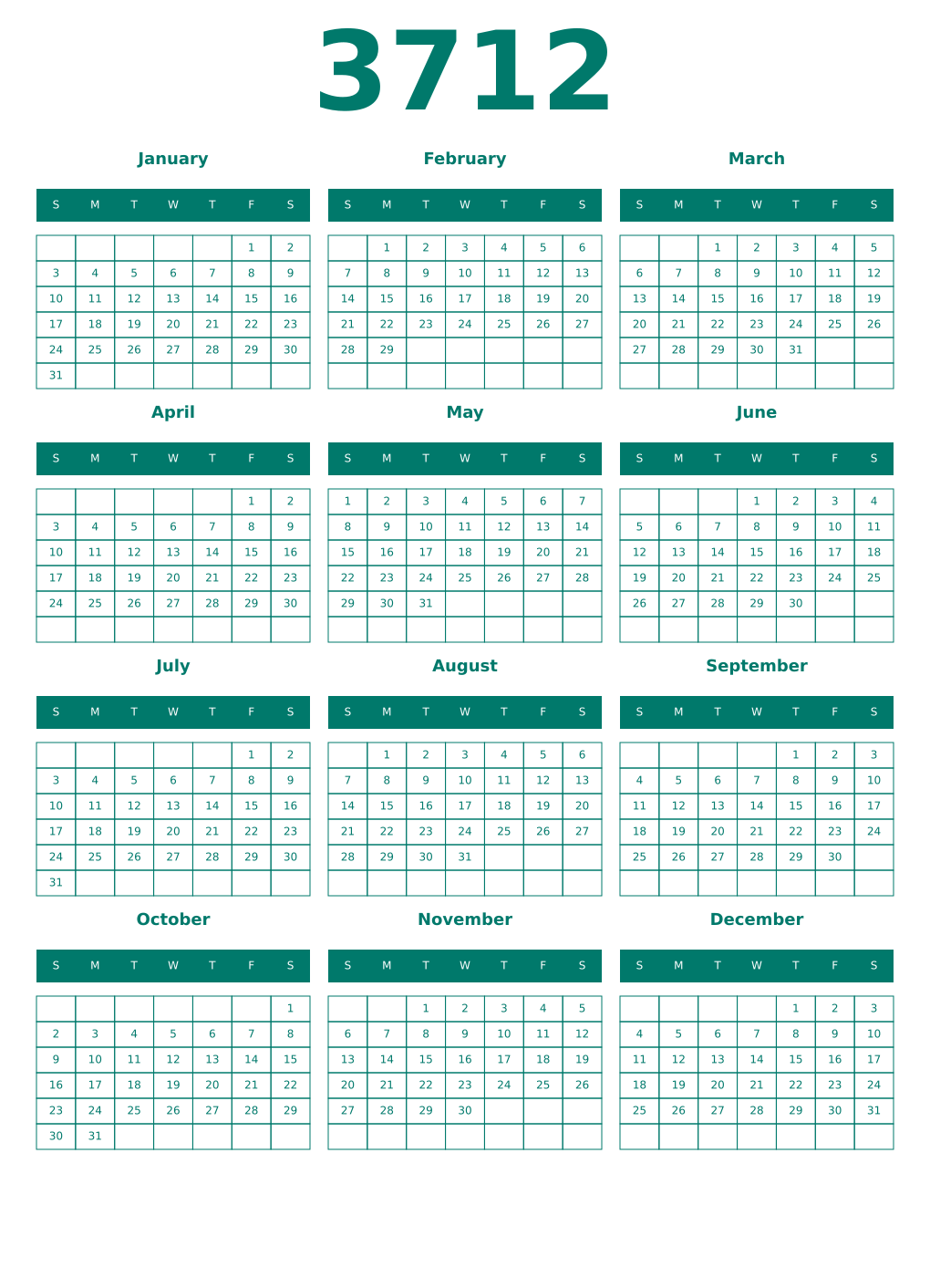 Printable 3712 Year Calendars pastel
