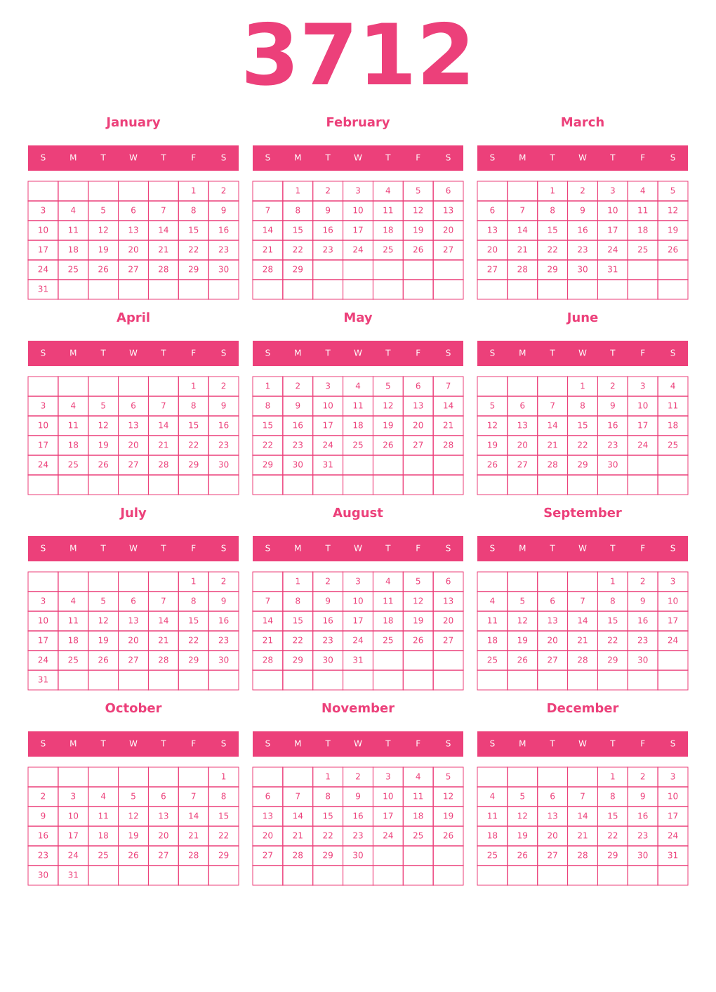 Printable 3712 Year Calendars pink