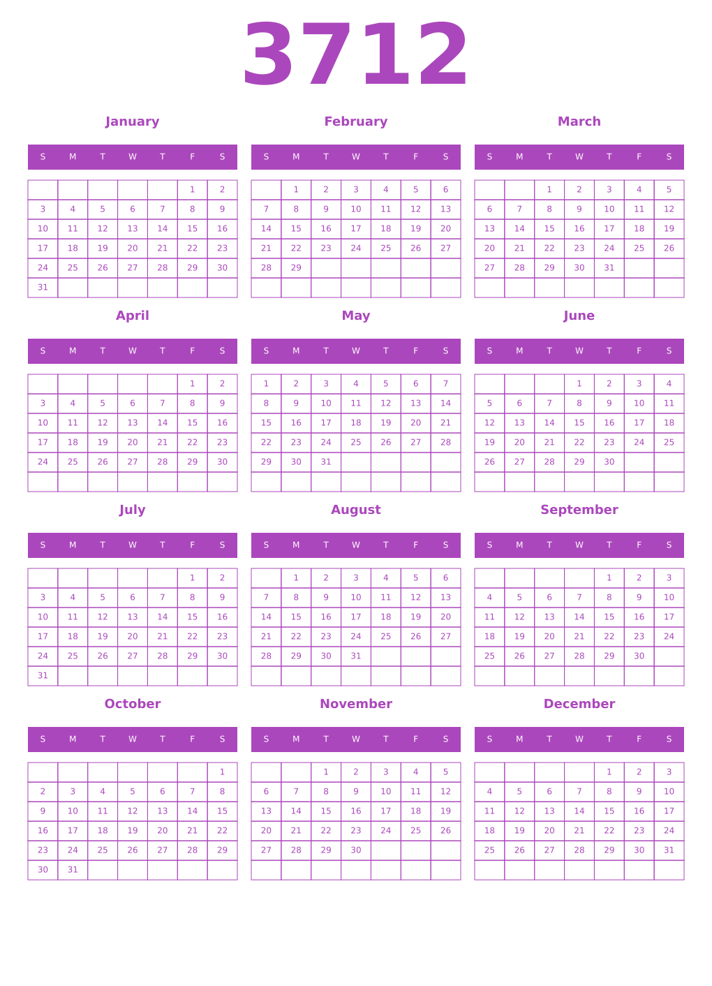 Printable 3712 Year Calendars purple