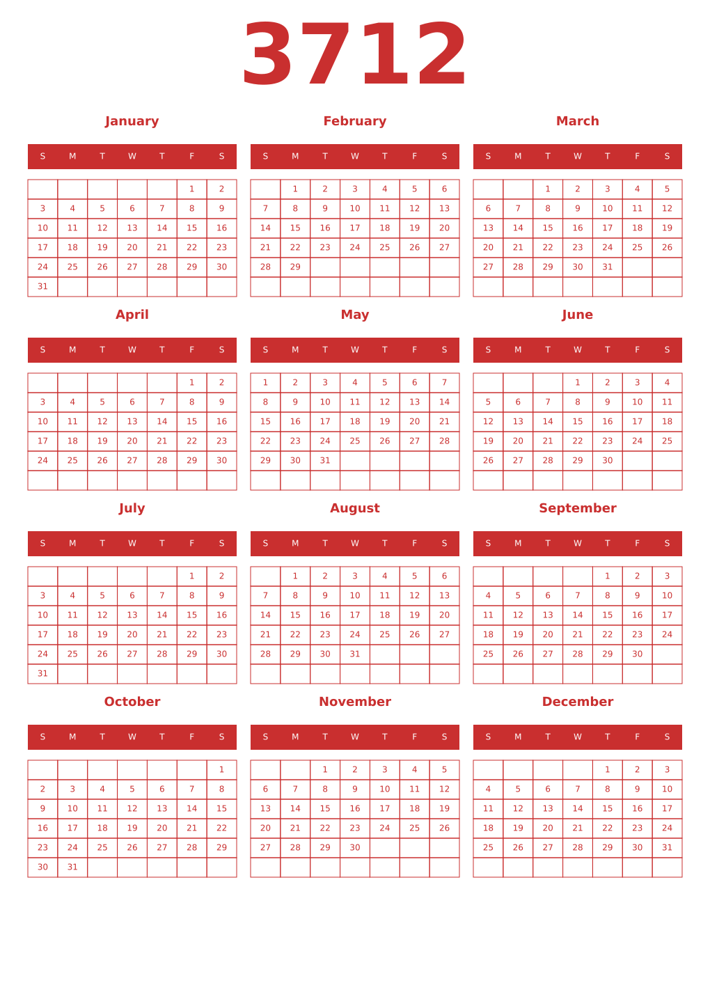 Printable 3712 Year Calendars red