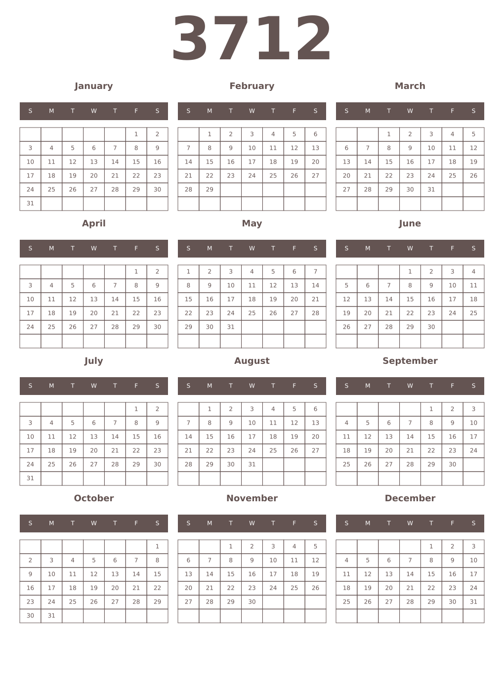Printable 3712 Year Calendars wenge