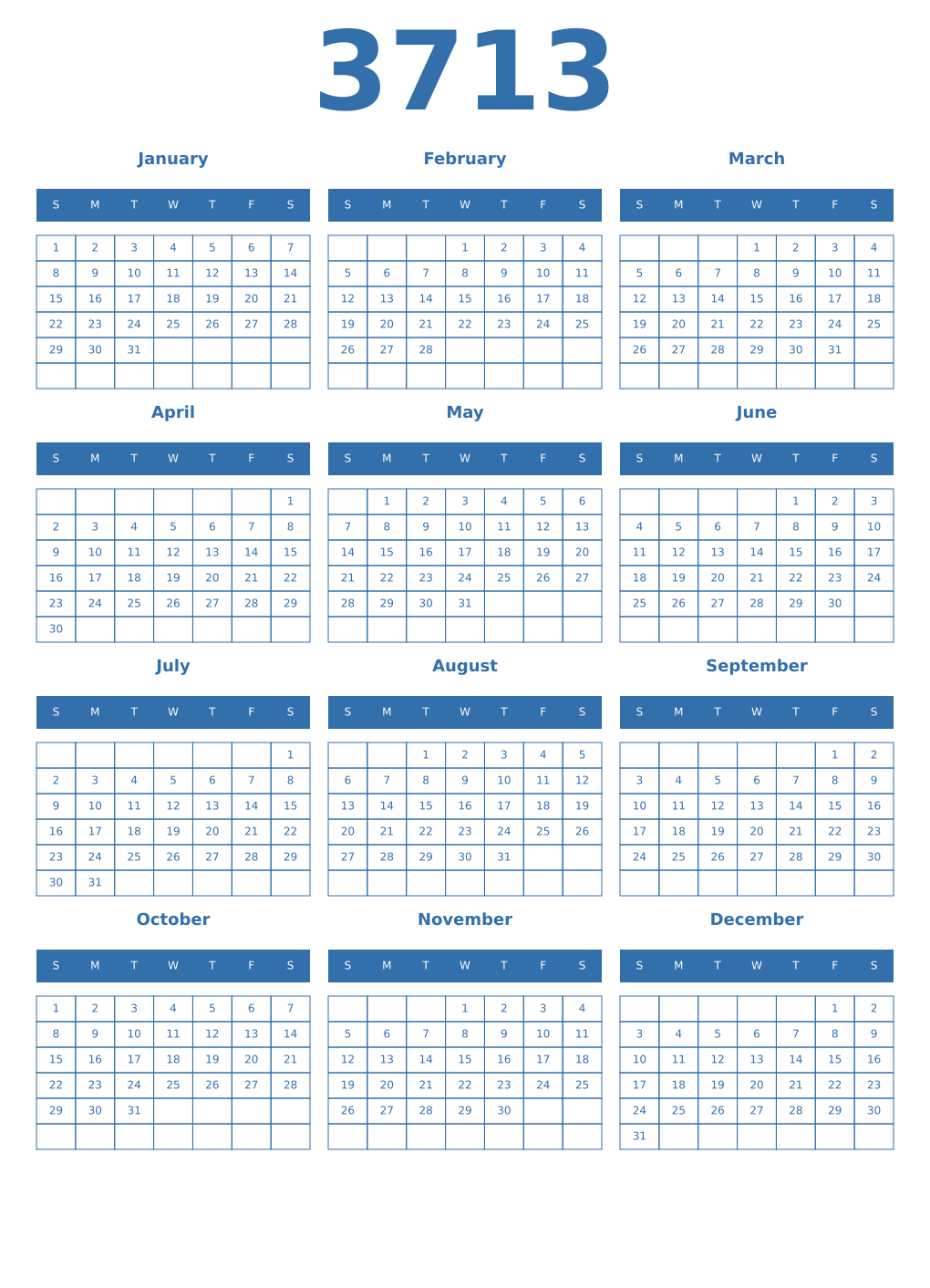 Printable 3713 Year Calendars blue