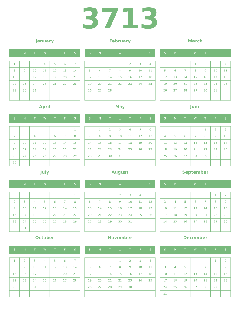 Printable 3713 Year Calendars celadon