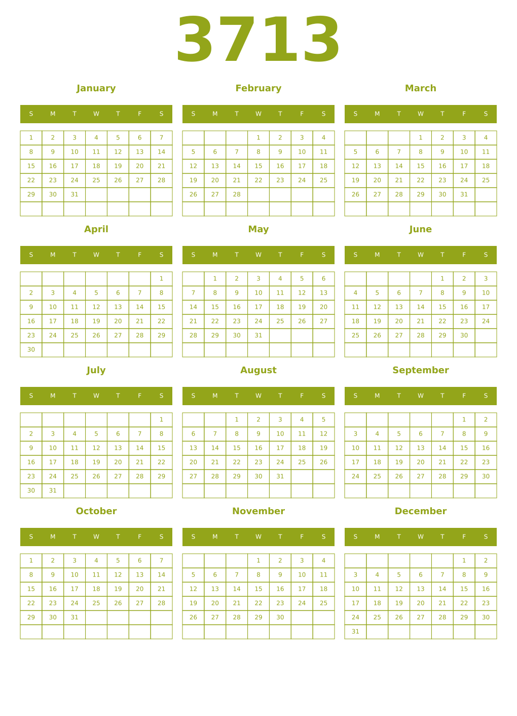 Printable 3713 Year Calendars chartreuse