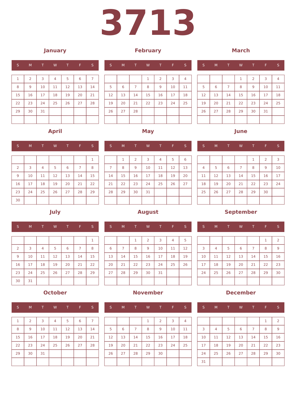 Printable 3713 Year Calendars cordovan