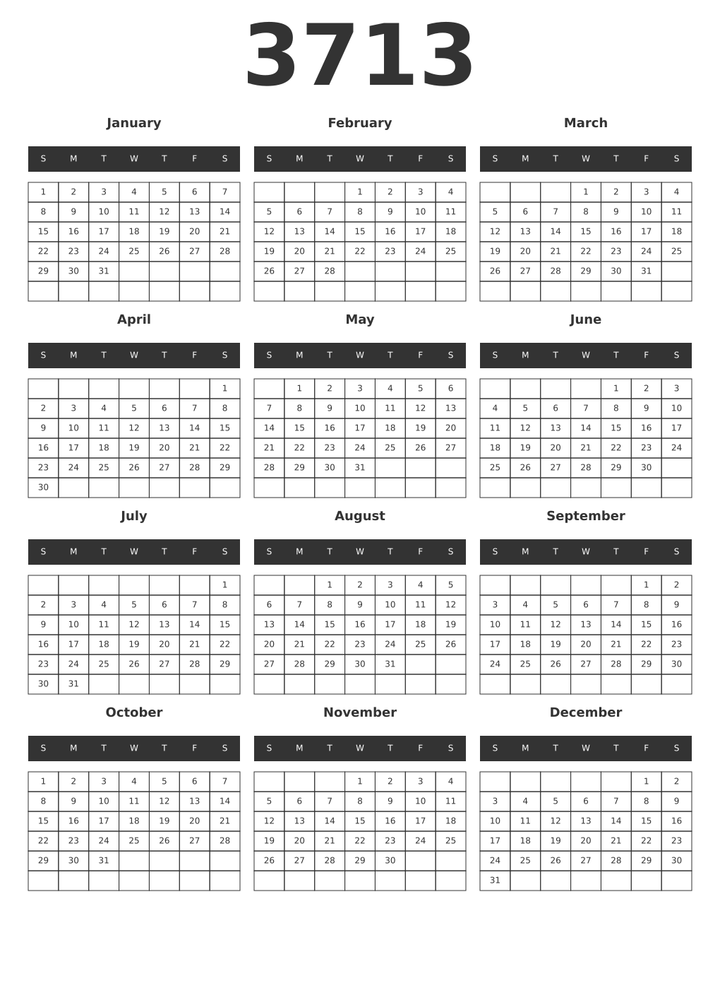 Printable 3713 Year Calendars dark