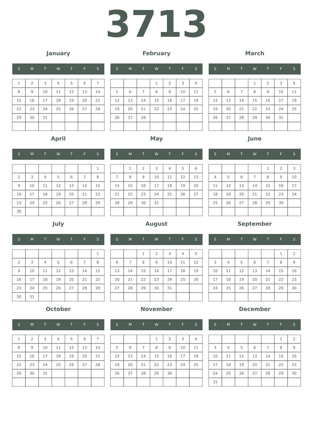 Printable 3713 Year Calendars feldgrau