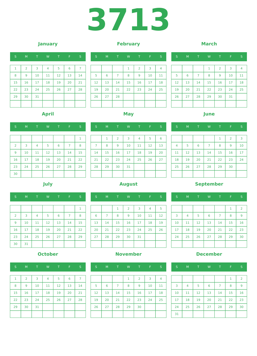 Printable 3713 Year Calendars green