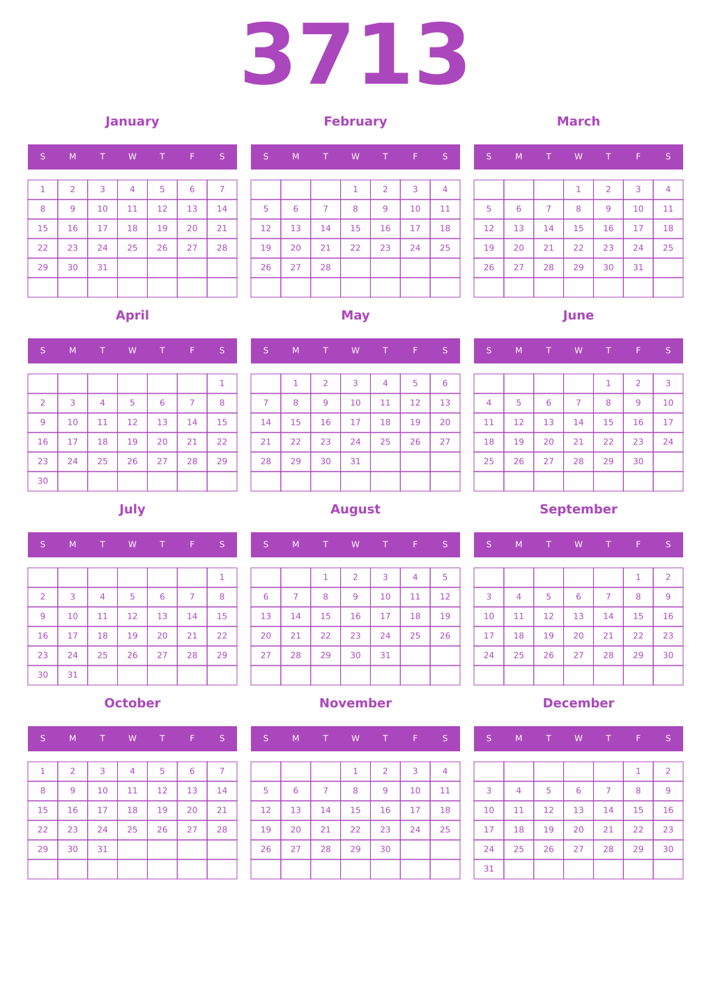 Printable 3713 Year Calendars purple