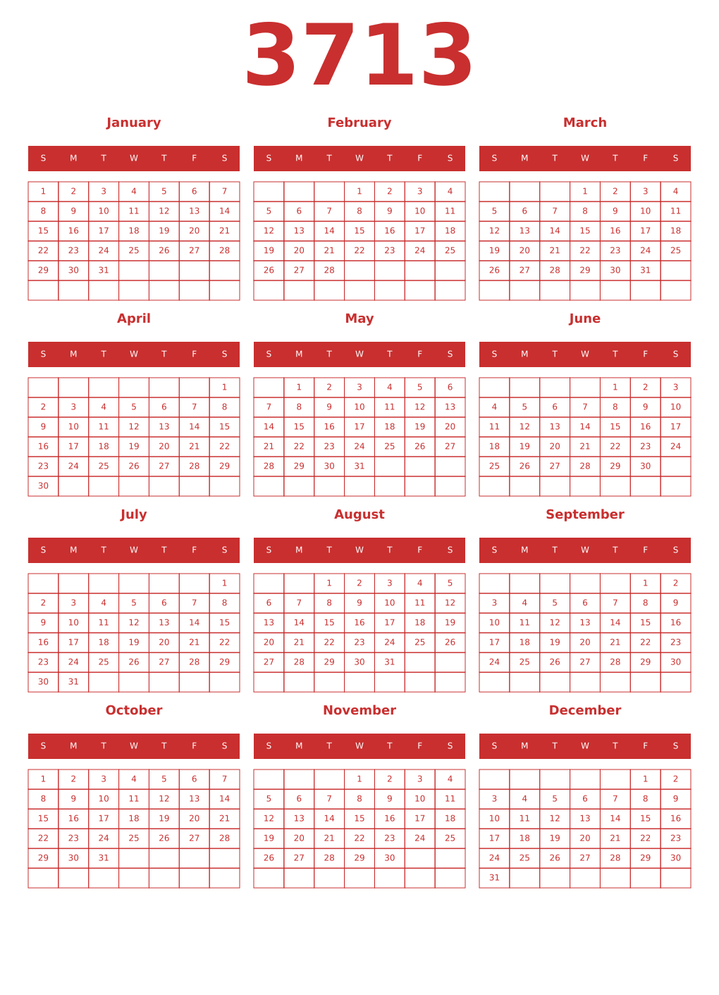 Printable 3713 Year Calendars red