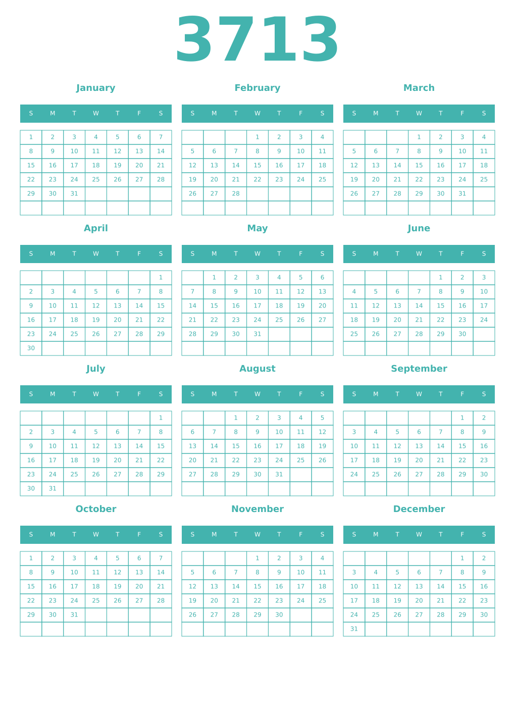 Printable 3713 Year Calendars verdigris