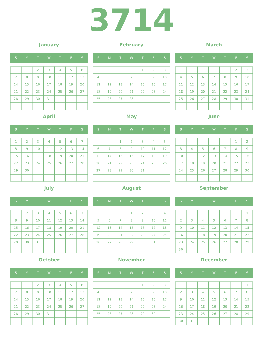 Printable 3714 Year Calendars celadon