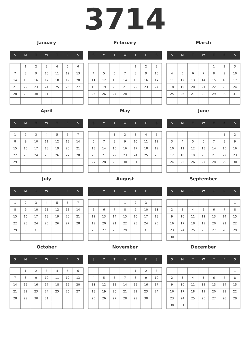 Printable 3714 Year Calendars dark