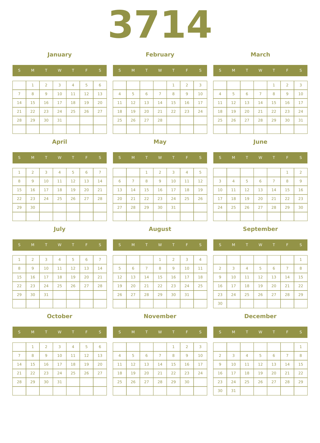Printable 3714 Year Calendars eburnean