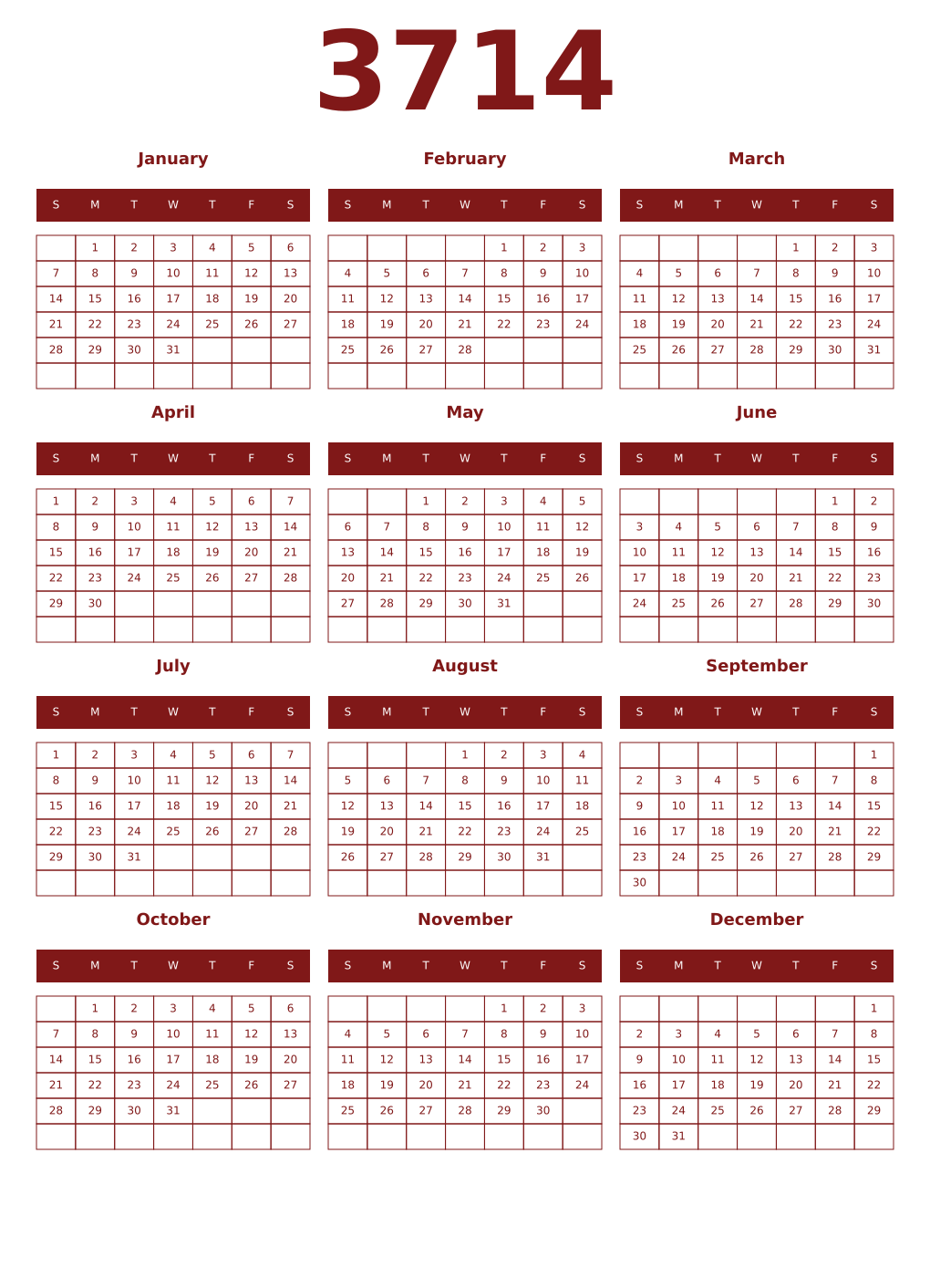 Printable 3714 Year Calendars falu