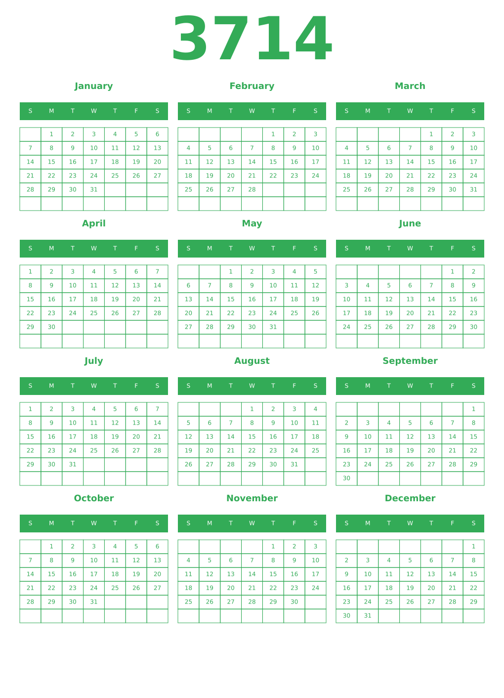Printable 3714 Year Calendars green