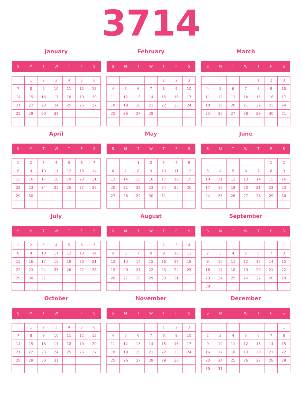 Printable 3714 Year Calendars pink