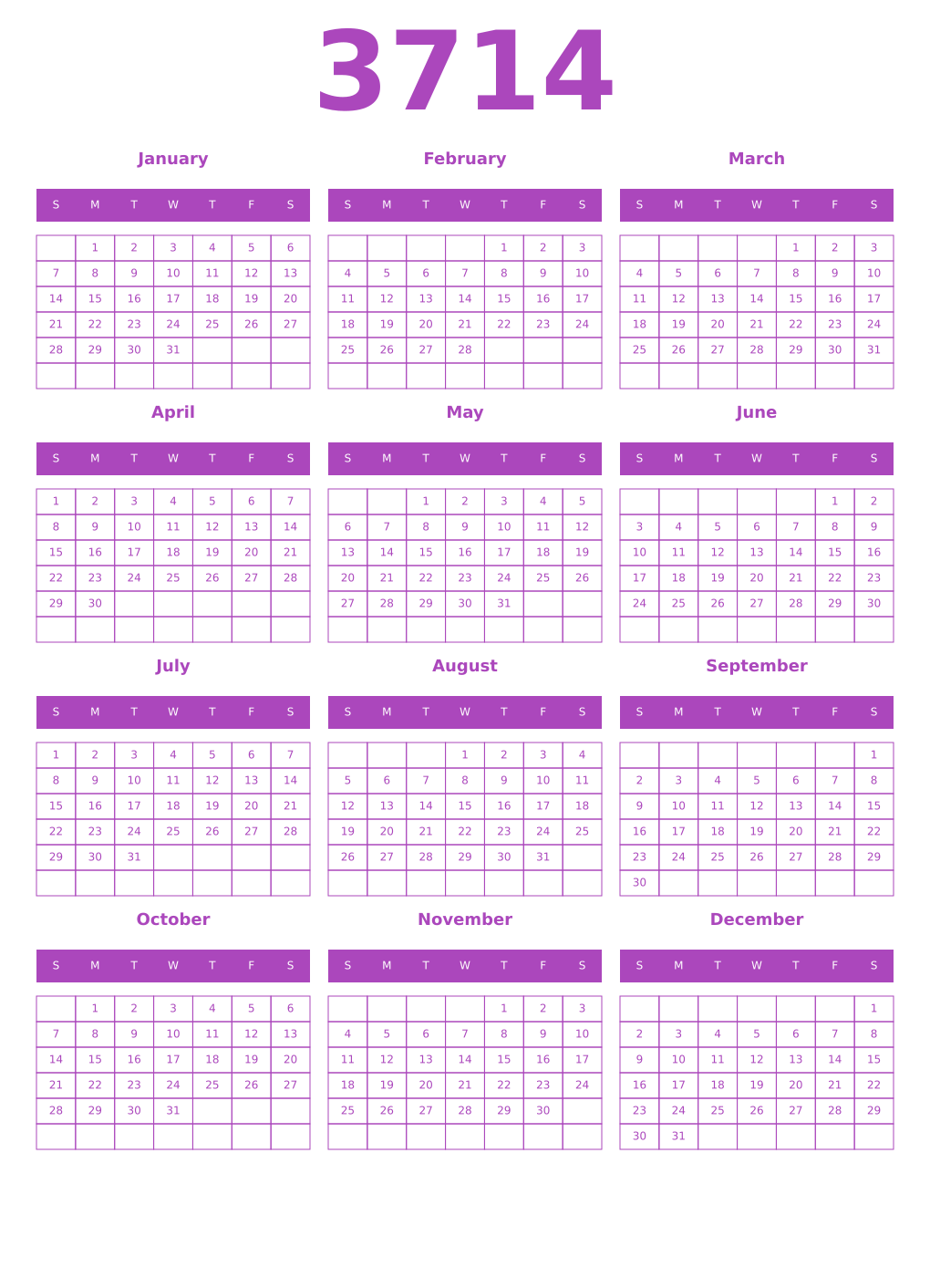 Printable 3714 Year Calendars purple