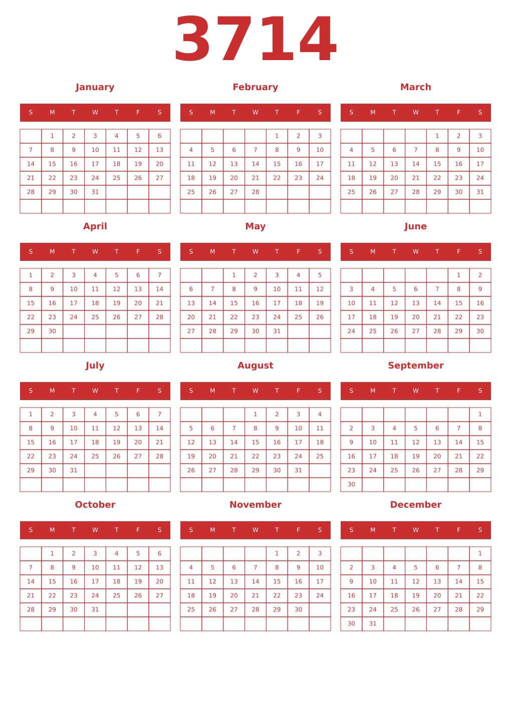 Printable 3714 Year Calendars red