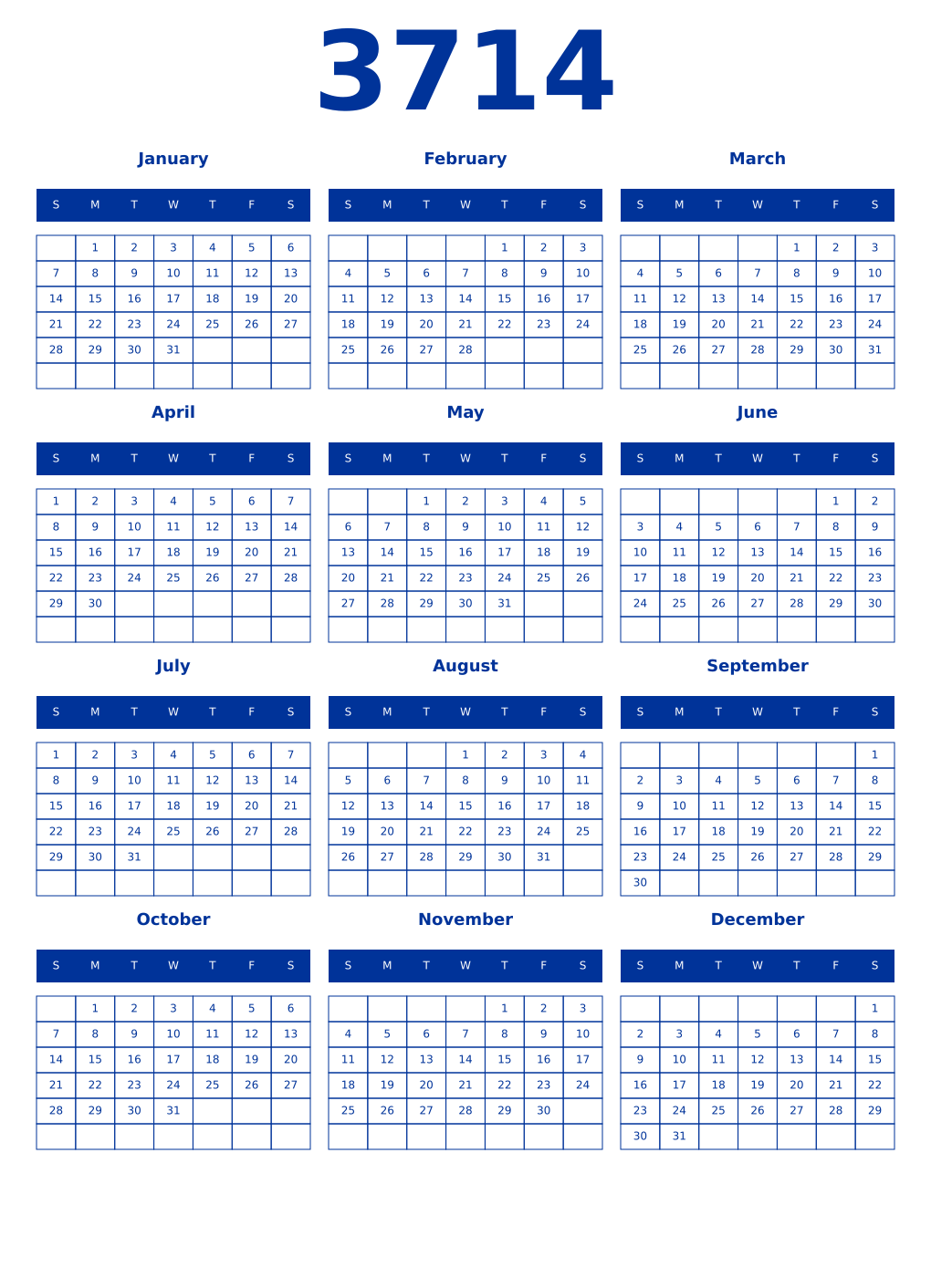 Printable 3714 Year Calendars smalt