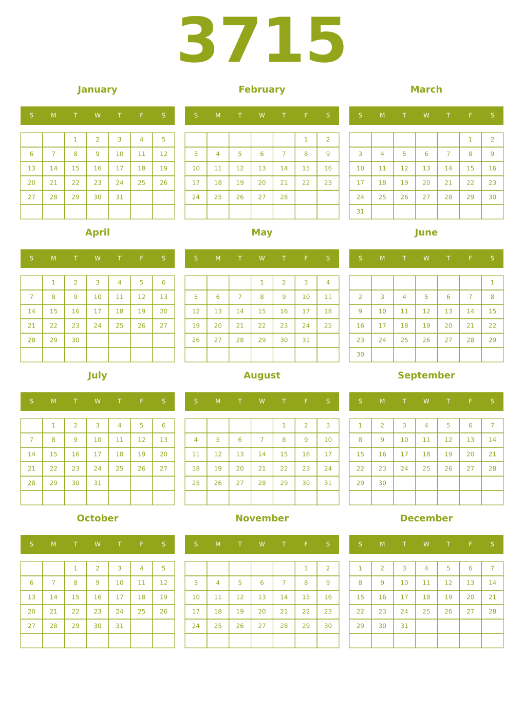 Printable 3715 Year Calendars chartreuse