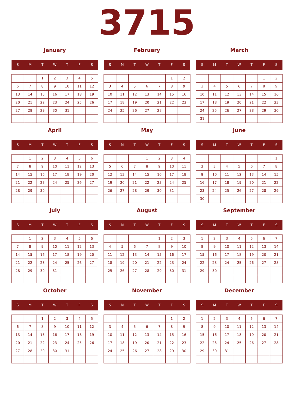Printable 3715 Year Calendars falu