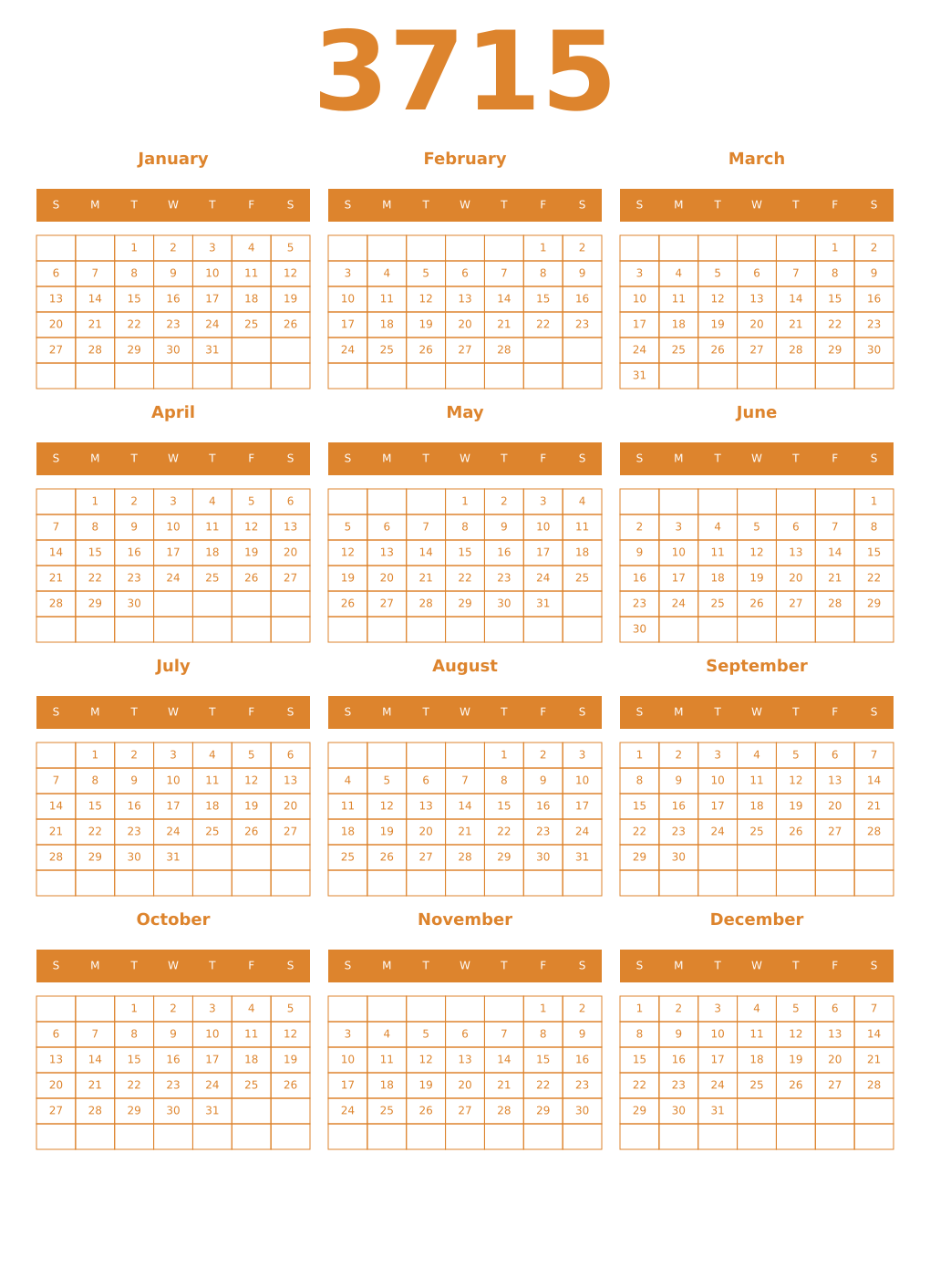 Printable 3715 Year Calendars orange