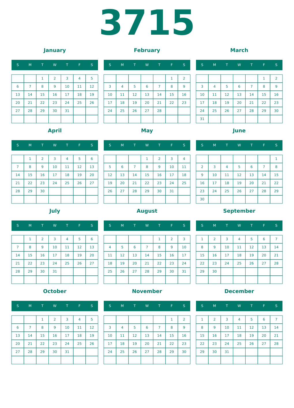 Printable 3715 Year Calendars pastel