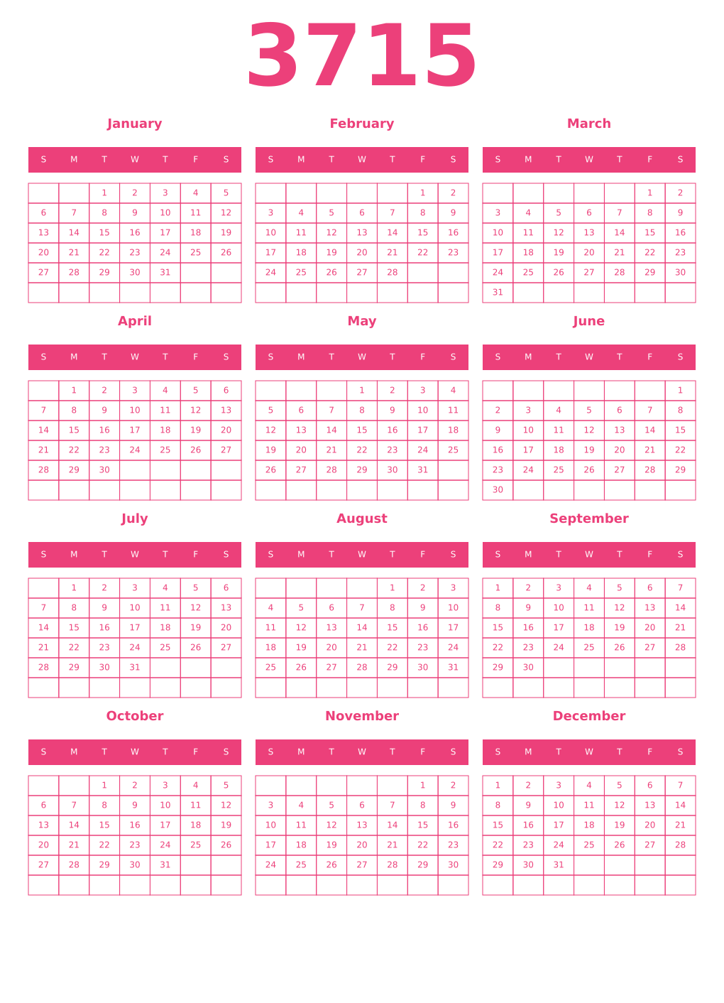 Printable 3715 Year Calendars pink