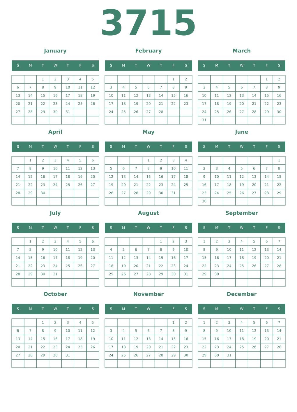 Printable 3715 Year Calendars viridian